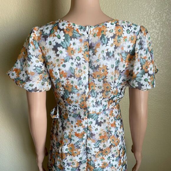 Mango Floral Puff Sleeve Side Tie MIDI Dress - Picture 6 of 9